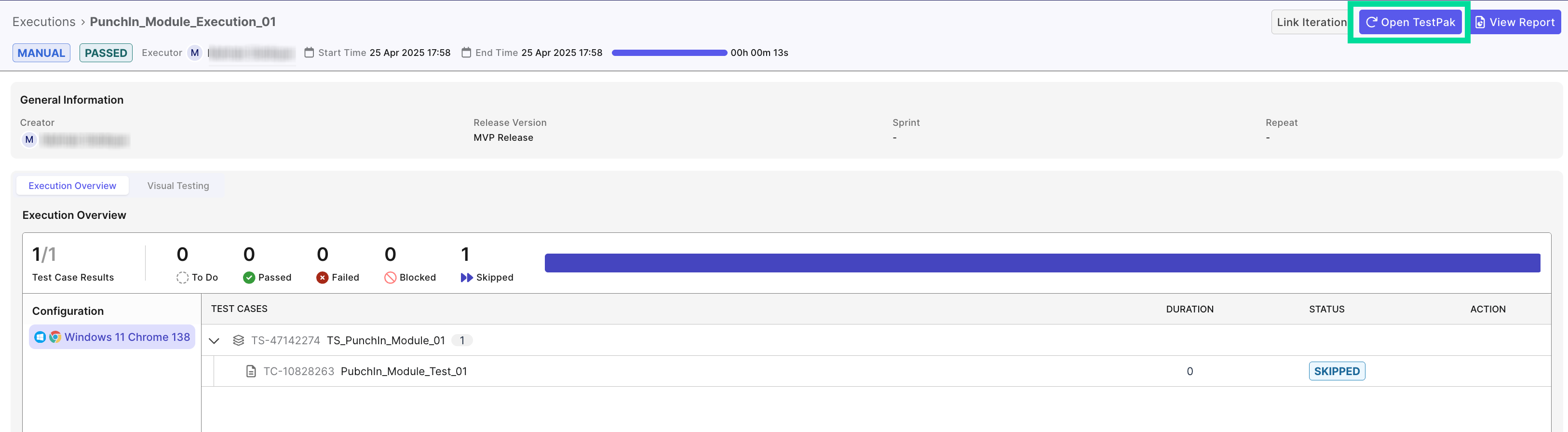 TO3 Execution Overview Open TestPak Button